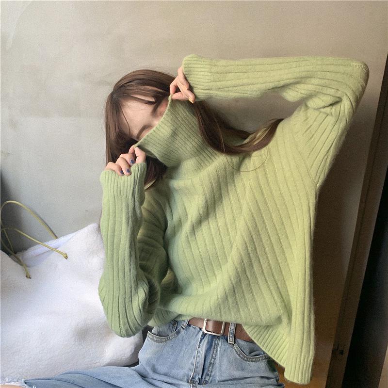 Women High Collar Long Sleeve Pullover Thick Slim Tight Knit Bottoming Shirt Sweater