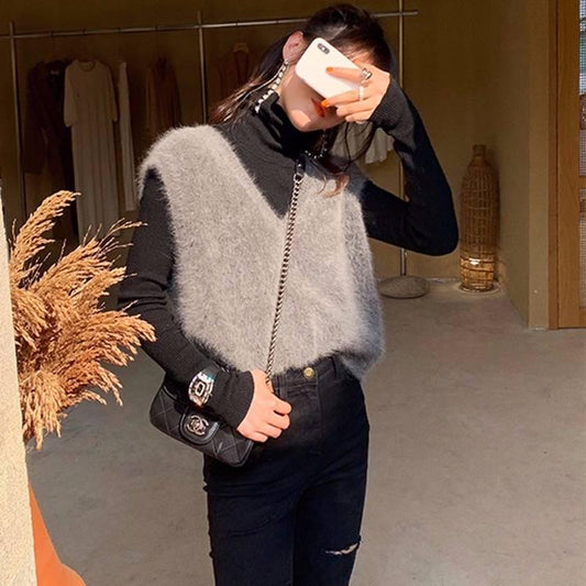 3 Colors Women Chic Vest Faux Mink Cashmere Lazy Loose V-neck Sweater Knitted Tank Top