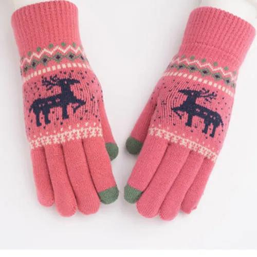 Thickened Plus Velvet Touch Screen Gloves Female Winter Korean Version Knitted Printing Gloves Split Finger Wool Gloves