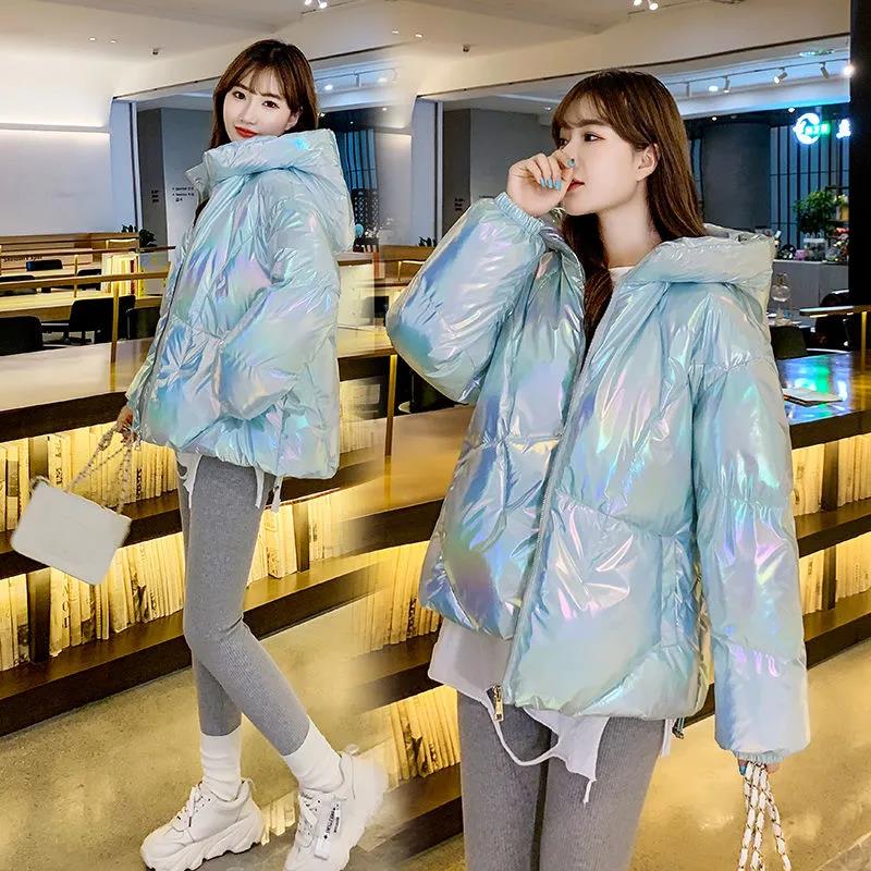 Winter Fashion Ladies Shiny Down Jacket Short Color Thick Loose Hooded Down Jacket