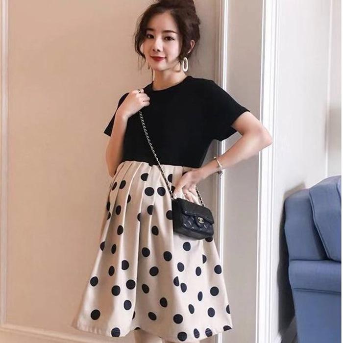 Maternity Clothes Short Sleeve Dress Mid-length Black Dots Loose Plus Size Maternity  Round Neck Skirt