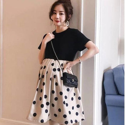 Maternity Clothes Short Sleeve Dress Mid-length Black Dots Loose Plus Size Maternity  Round Neck Skirt
