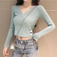 Spring and Autumn Long-sleeved Knit Bottoming Shirt Thin Cross V-neck Tight Top Women Short Sweater