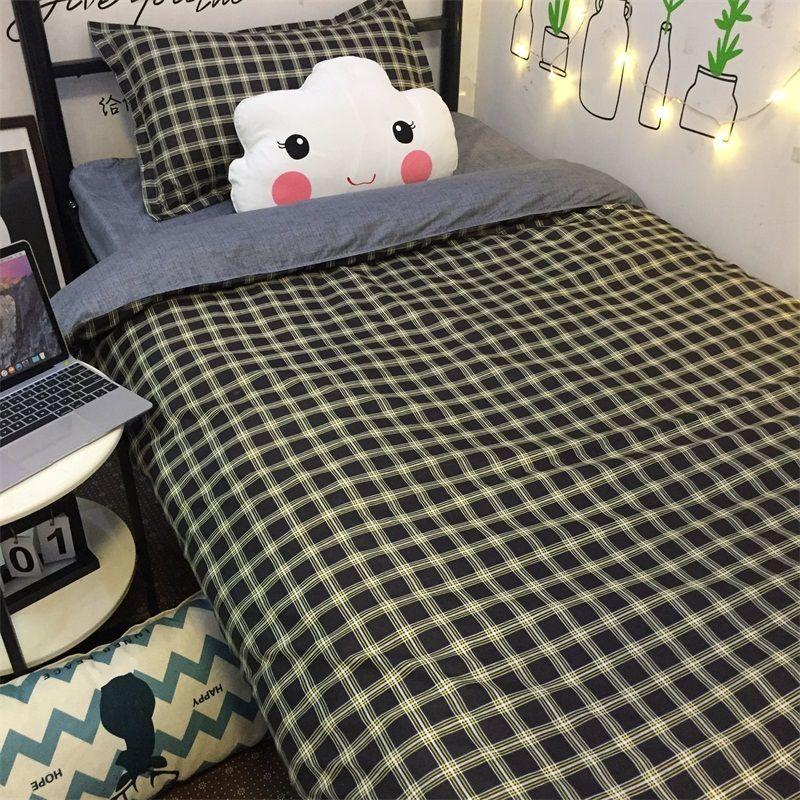 Three-piece Bed Set 1.2m Dormitory Bed Sheet Quilt Cover Pillowcase Set Bedding Striped Plaid Cute Style