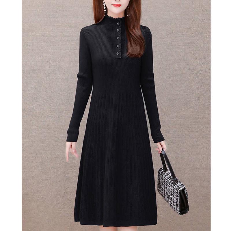 Thicken Warm Autumn and Winter Wool Waist Long-sleeved Bottoming Shirt Mid-length Knitted Dress Women
