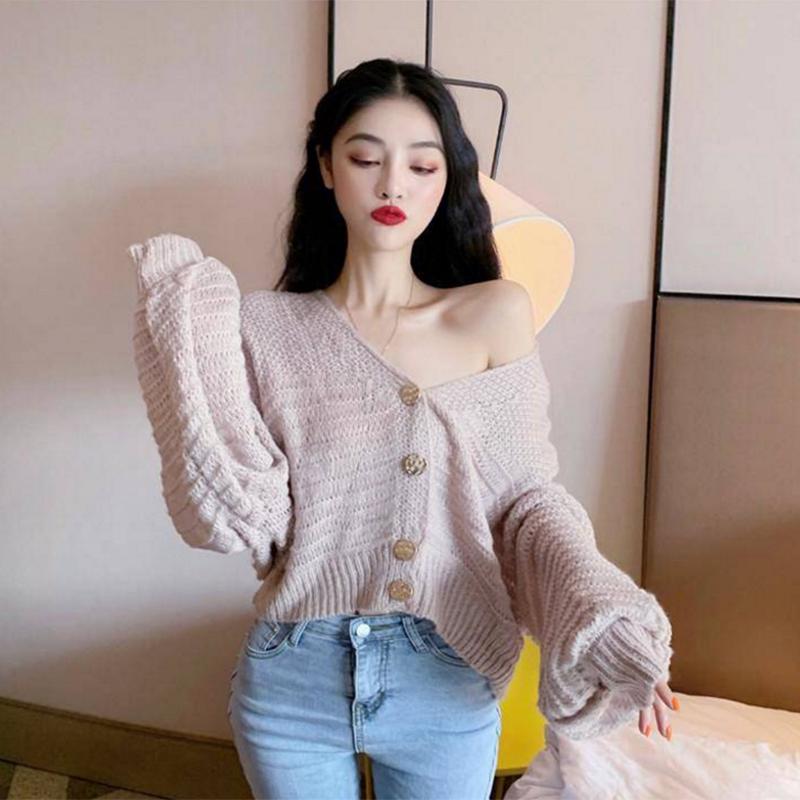 Pofulove lazy wind sweater female loose student wild long-sleeved cardigan hollow knitted jacket