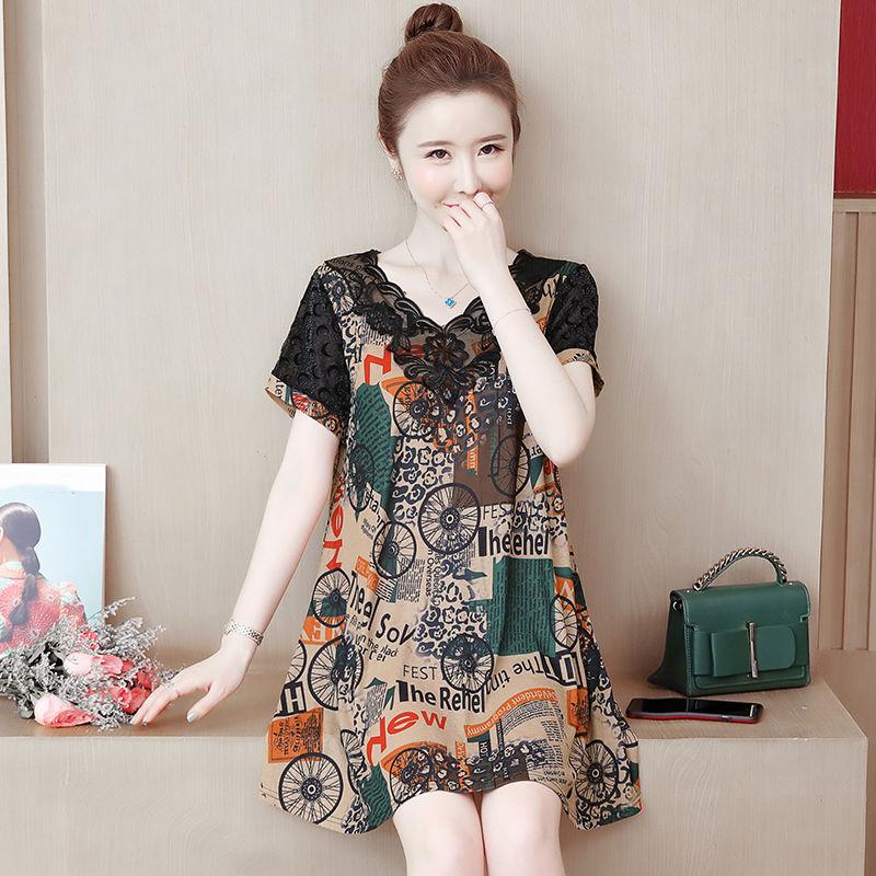 Large Size L-XXXXXL Women's Summer Dress Chiffon Veil Printing Above Knee V-neck Ruffle Short Sleeve Loose