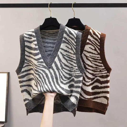 Waistcoat Vest Jacket Spring and Autumn Style Knitted Ladies Sweater Fashion Korean Version of V-neck Loose Zebra Pattern Outer Wear
