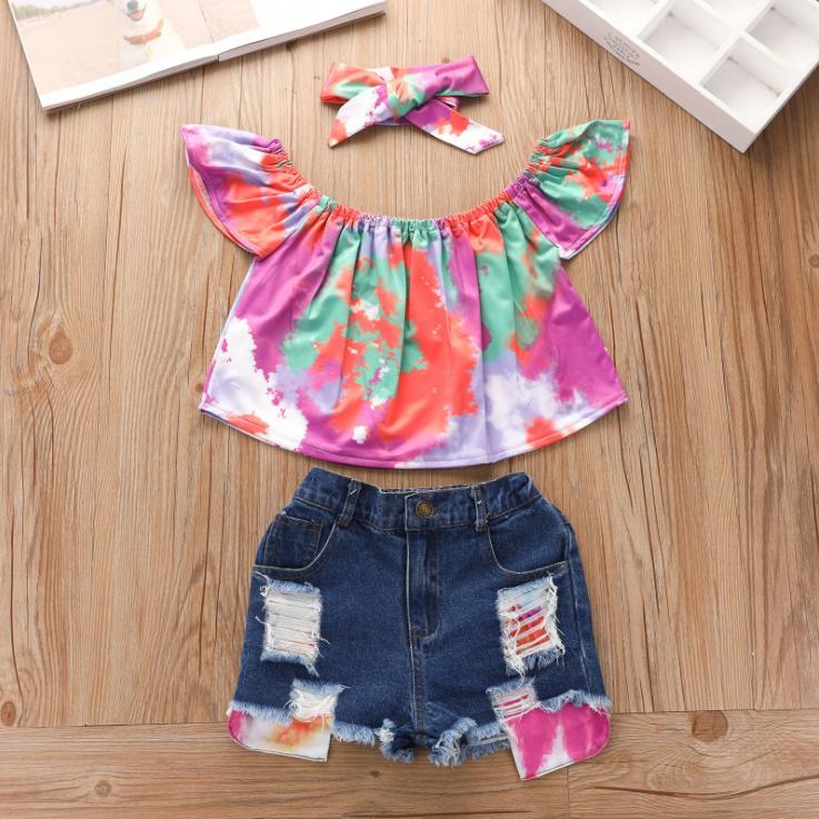 Summer Girls' Hole Shorts One Shoulder Top Denim Shorts Set Three Piece Children's Denim Shorts Suit