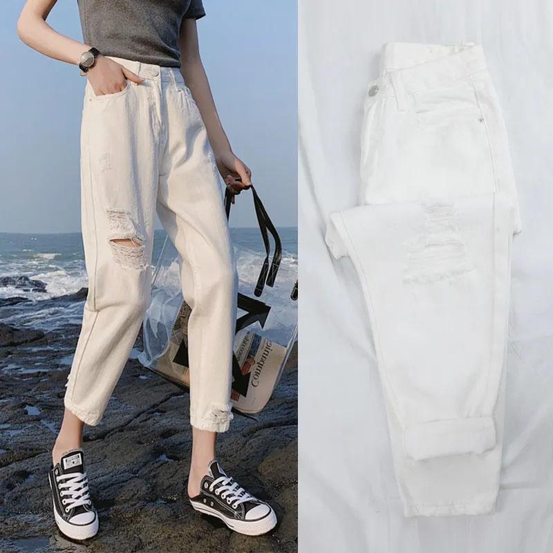 White Ripped Jeans Women's High-waisted Slim Loose Straight-leg Pants Daddy Harlan Nine-point Pants
