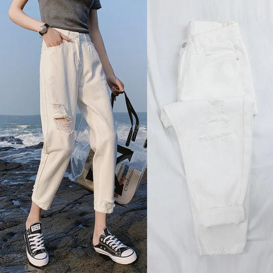White Ripped Jeans Women's High-waisted Slim Loose Straight-leg Pants Daddy Harlan Nine-point Pants