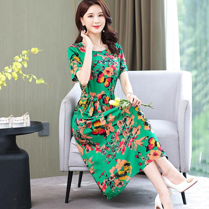 Summer Cotton Silk Dress Floral Cotton Long Skirt Women's Short-sleeved Large Size Rayon Cotton Silk Skirt Fabric Sweat-absorbing and Breathable