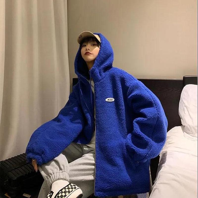 Two-sided Polar Fleece Jacket Winter Thick Embroidered Hooded Zipper Lamb Wool Jacket Suitable for Young Women