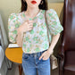 Summer Sweet Puff Sleeve Floral Shirt Women Loose Chiffon Shirt Top