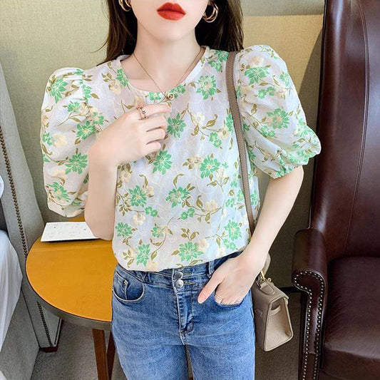 Summer Sweet Puff Sleeve Floral Shirt Women Loose Chiffon Shirt Top
