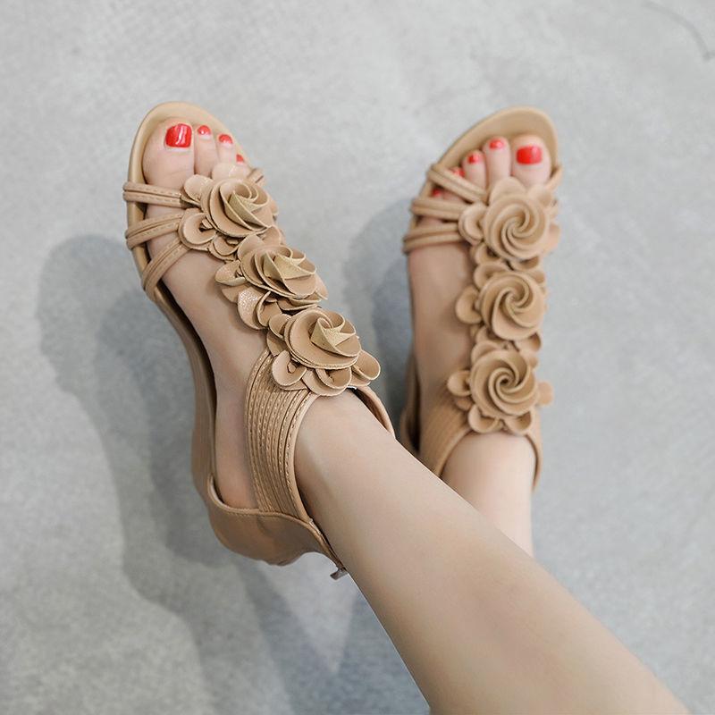 Sandals Women's Mid-heel 2021 Summer Slope Heel Back Zipper Bohemia All-match Flower Slippers Roman Shoes