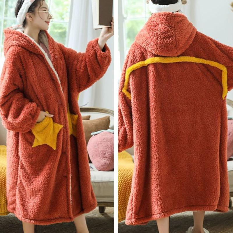 Autumn and Winter Coral Fleece Star Long Sleeping Blanket Can Be Worn Outside Flannel Plus Size Nightgown Home Bed Clothing
