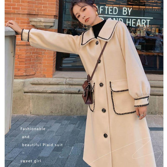 Puff Sleeve Woolen Coat Women Autumn and Winter Mid-length Loose and Thin Woolen Coat