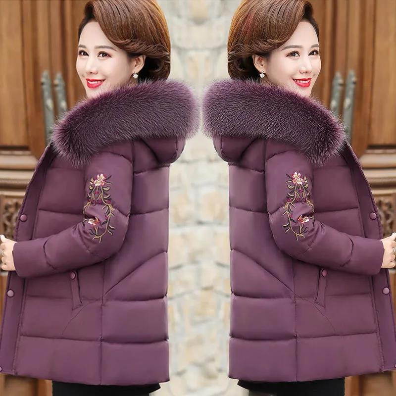 Middle-aged and Elderly Women's Short Down Cotton-padded Jacket Mothers Wear Coat Big Fur Collar Thick Padded Jacket