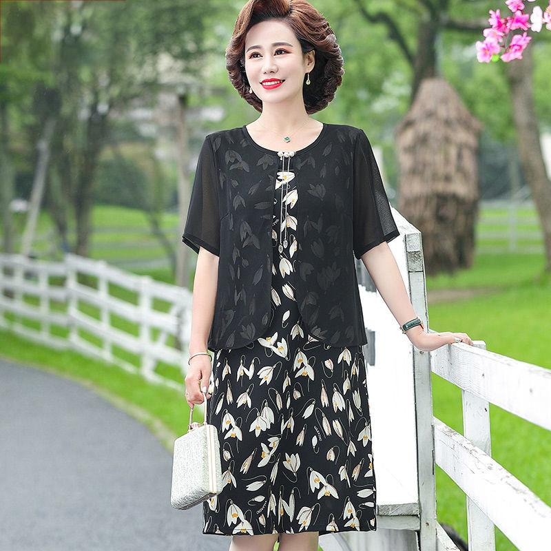 Middle-aged Mother XL-XXXXXL Women's Summer Dress Chiffon Veil Short Sleeve Round Neck Printing