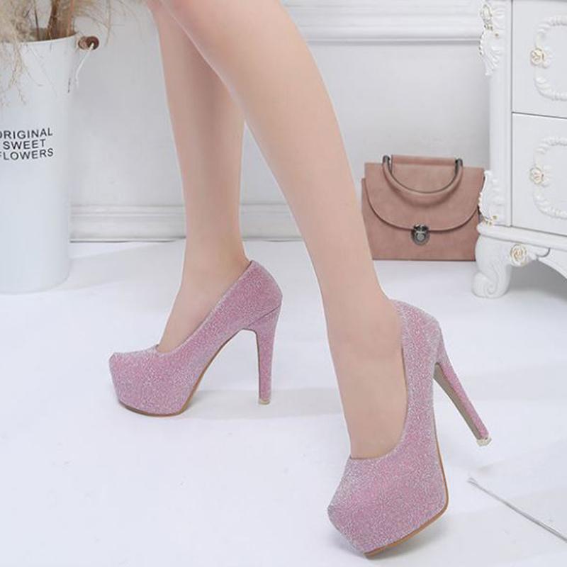 Women's Shoes Spring  Summer Korean Style Super High Heel Stiletto Round Toe Silver High Heels Sexy Female Waterproof Platform Single Shoes 12cm