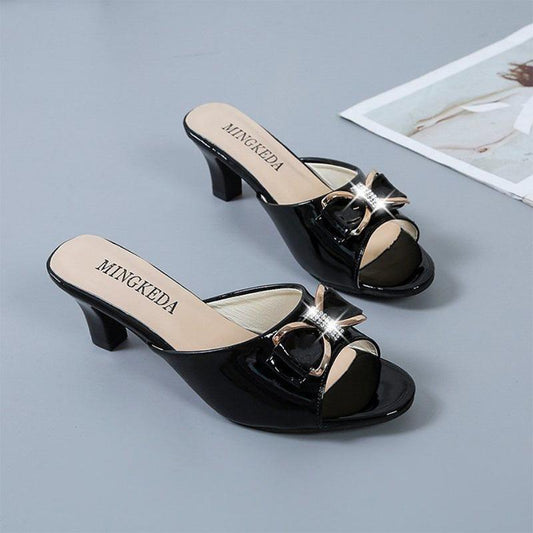 Fashion All-match Bow Stiletto High Heels Women's Outer Wear Medium-heeled Fish Mouth Slippers Large Size Sandals Women's Shoes