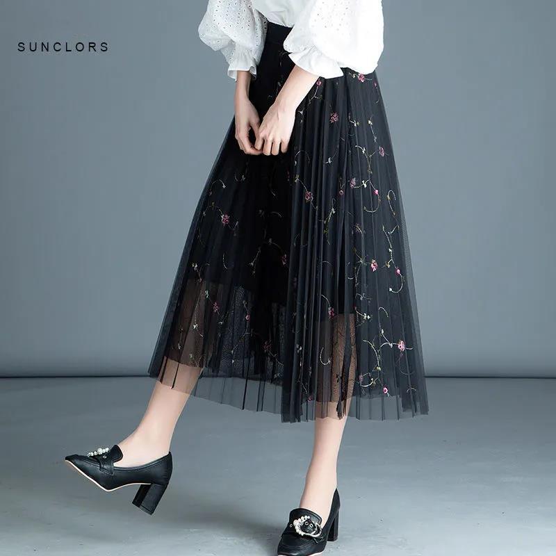 Mesh Small Floral Lace Skirt Embroidered Pleated Skirt Thin Gauze Skirt Mid-length Female A-line Skirt Thin Mesh Skirt for Women