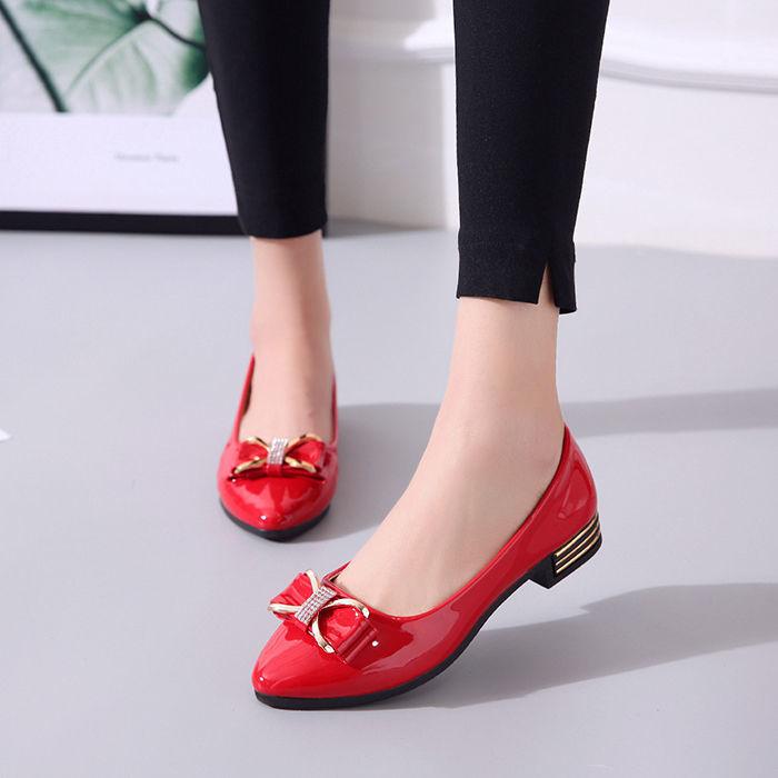 Women's Spring Summer Large Size Low Heel Single Leather Shoes Solid Color Sequins Bow Casual Slip-on Shoes