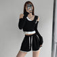 Eye-catching Off-the-shoulder Long-sleeved T-shirt Women's Contrast Color Stitching Fake Two-piece Short Top