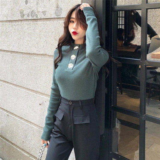 Button Design Slim Sweater Women's Autumn and Winter Wild Solid Color Bottoming Shirt