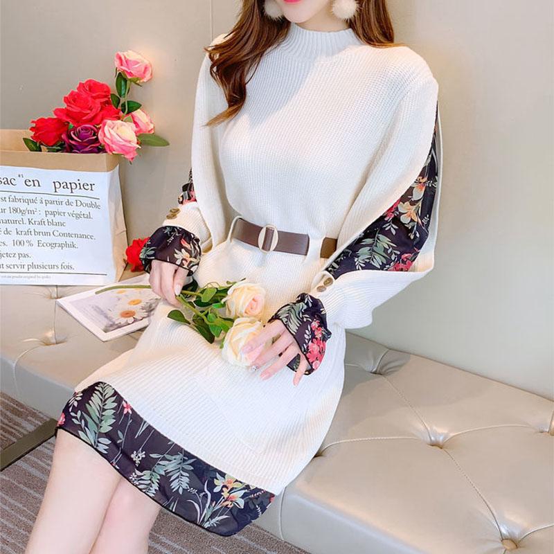 Women's Autumn and Winter Long-sleeved Dress Half High Collar Sweater Dress with Belt  Mid-length Skirt