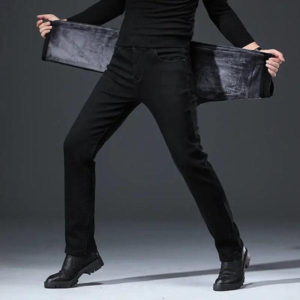 Men's Autumn and Winter Fleece Padded Black Trousers Large Size Straight Elastic Black Jeans for Business Men