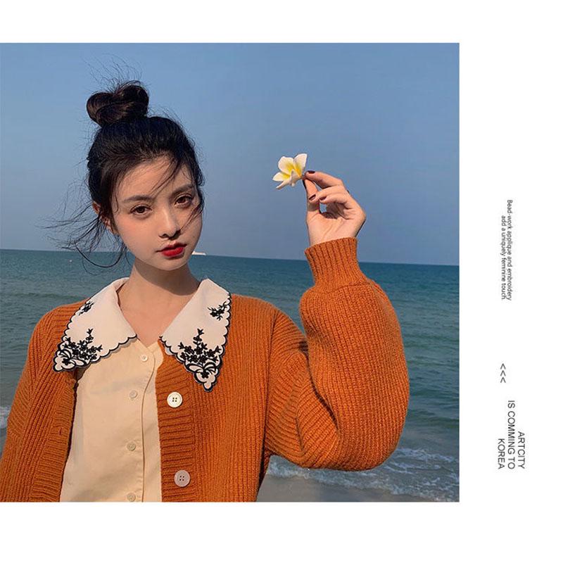 Short Solid Color Button Sweater Loose Striped Pattern Coat Wide Knit Cardigan Women's Top