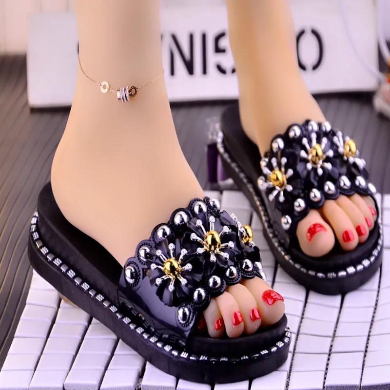 Women's Plus Size Versatile Flat Slippers Ladies Summer Solid Color Flower Soft Slippers