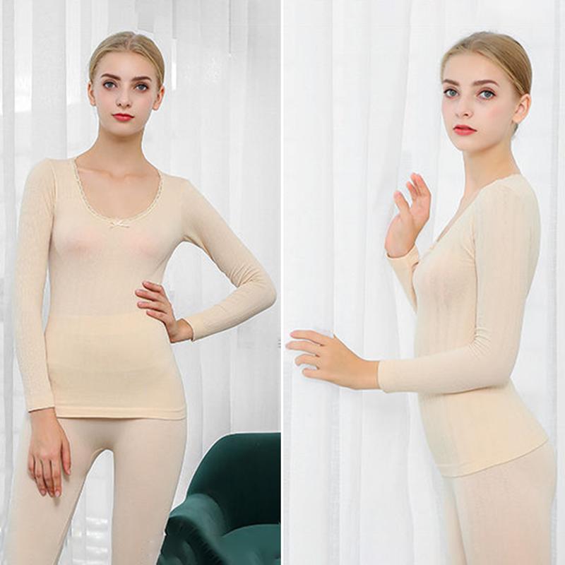 Women Winter Autumn Thermal Underwear Lace O-neck Female Tight Suit Thicken Windproof Comfortable Soft Lining Long Sleeve High Elasticity Tracksuit