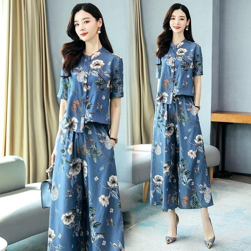 Retro Print Fashion Suit Women's Summer Loose and Thin Temperament Wide-leg Pants Two-piece Casual Suit Retro Chinese Style
