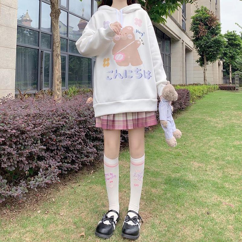 Anime Sweatshirt Japan Cartoon Hooded Tops Oversized Streetwear Harajuku White Long Pullovers Hoodies Plus Size Loose Thick Fleece Fall Winter Hoodies