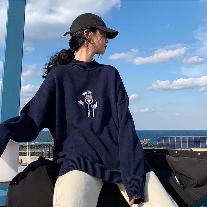 Pofulove Autumn Winter Round Neck Hedging Cartoon Embroidery Sweater Female Loose Knitted Jacket