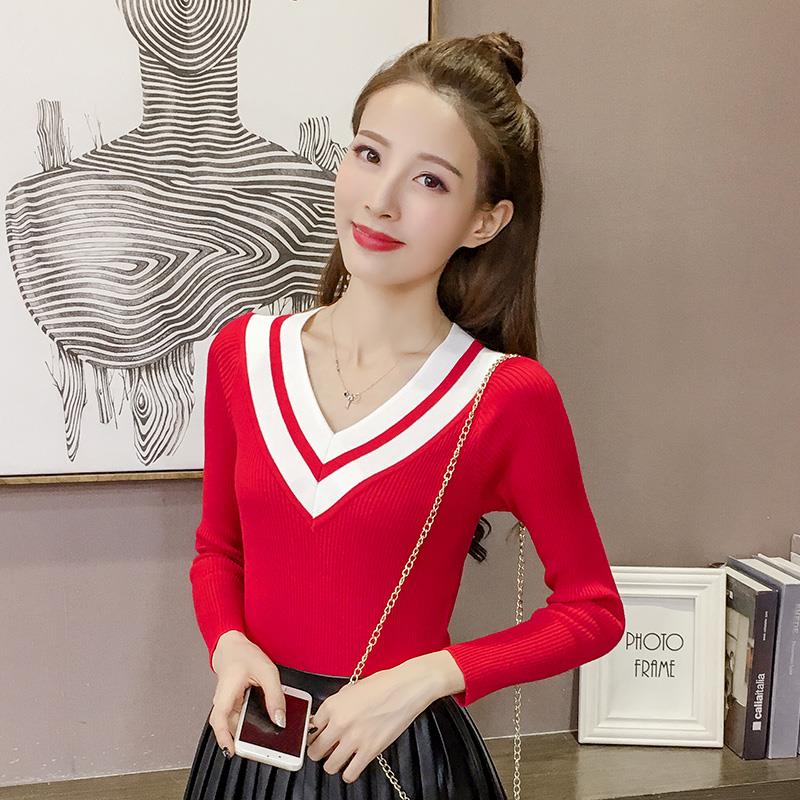 Autumn/winter Sweater Women Short Stitching V-neck Slim Slimming Long-sleeved Pullover Sweater Bottoming Shirt Women