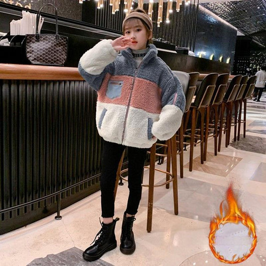 Girls' Warm Autumn and Winter Jacket Colorblock Plus Cotton Padded Top
