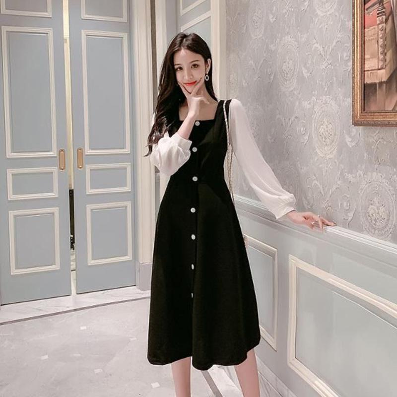 Ladies' Retro Temperament, Small Incense Wind Receiving Waist Thin Mid-length Dress Female Black and White Stitching Long Sleeve Dress