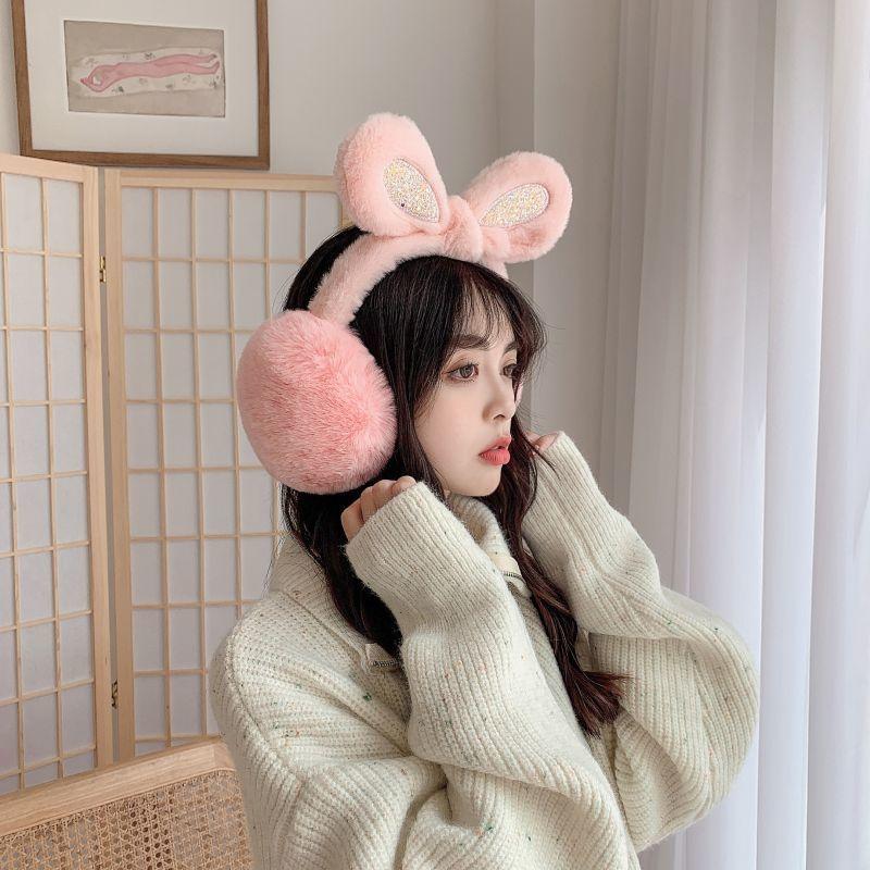 Women's Winter Soft Cute Rabbit Ear Bowknot Sequins Earmuffs Warm Cycling Ear Protection Windproof Antifreeze Plush Ear Pad Cover Rabbit Ears Earflap