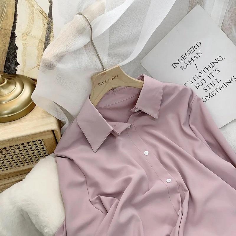 Solid Color Shirt Women's Morandi Long Sleeves Temperatement All-match Simple Shirts Loose Retro Chiffon Lapel Top Button Shirt