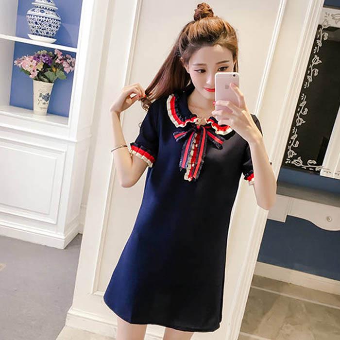 Pofulove S-4XL Women Summer Short-sleeved Bow A-line Dress Student Slim Long O-neck T-shirt Dress