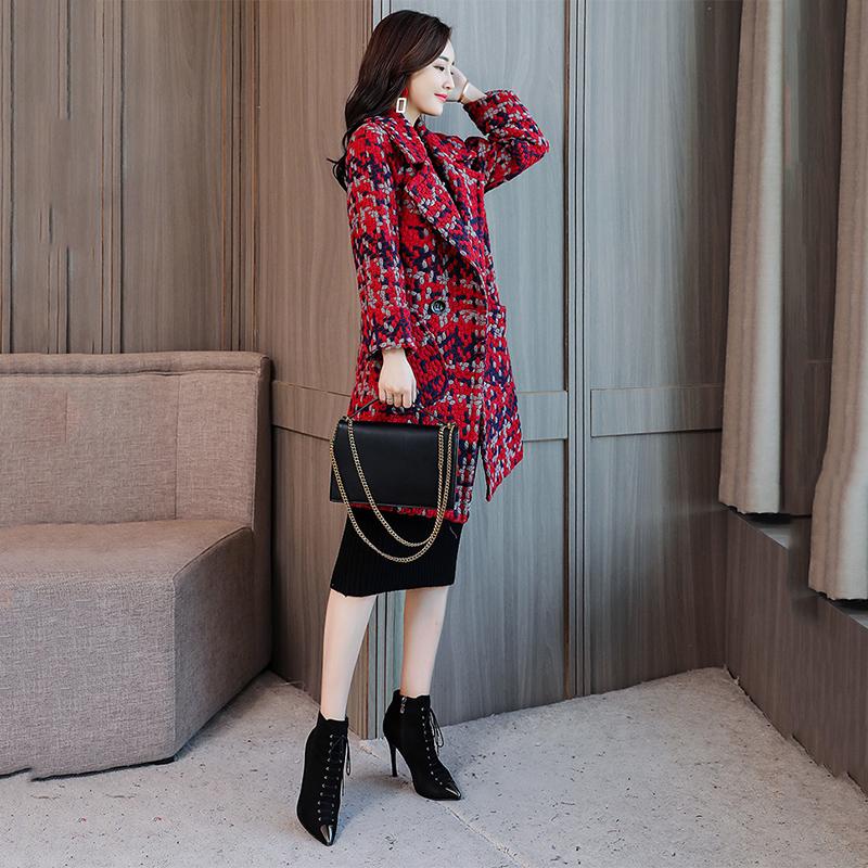 Women Wool Coat Warm Long Plaid Coat Female Slim Fit Lapel Woolen Overcoat Autumn Winter Jacket