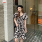 Women's Summer Elegant Open Back One Line Shoulder Show Thin Bubble Sleeve Floral Dress