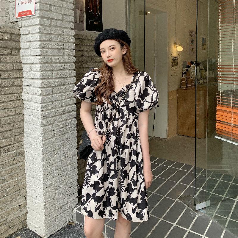Women's Summer Elegant Open Back One Line Shoulder Show Thin Bubble Sleeve Floral Dress