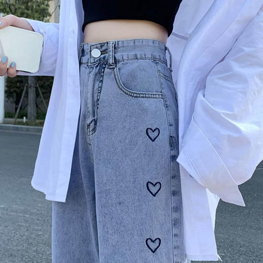 Love Embroidery Jeans Women's High Waist Slim Loose Wild Plug-in Flops Wide-leg Trousers