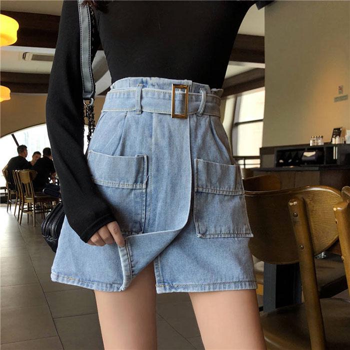Plus Size Women Adjustable High Waist Denim Skirt Hip Pants Skirt Anti-light A-line Skirts