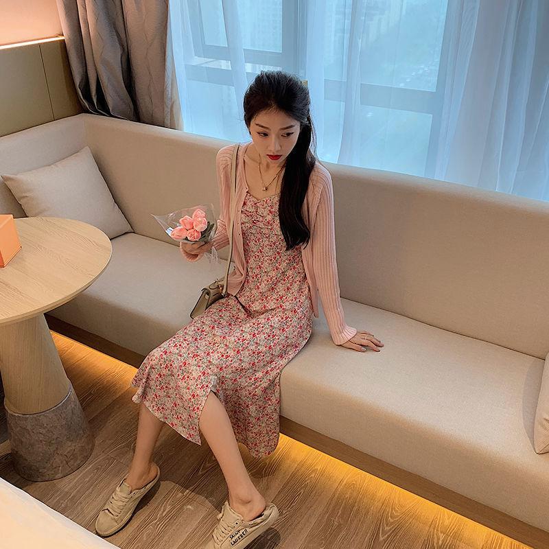 Female Spring Summer Small Fresh Simple Retro Elegant Gentle Slim Fairy Floral Suspender Dress
